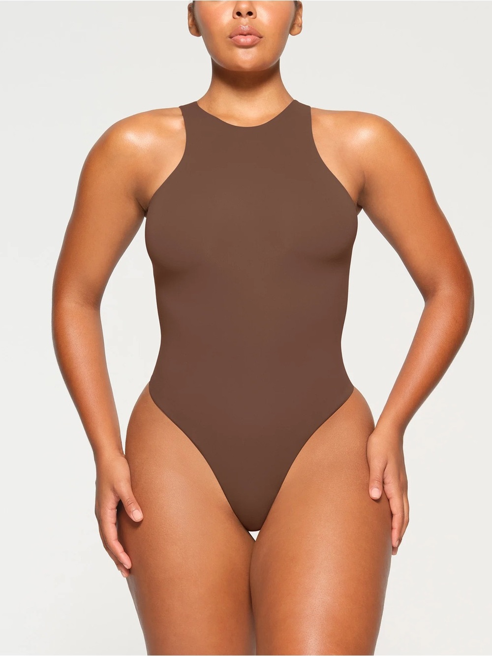 SKIMS High-Neck One-Piece Bodysuit in Chocolate Brown
